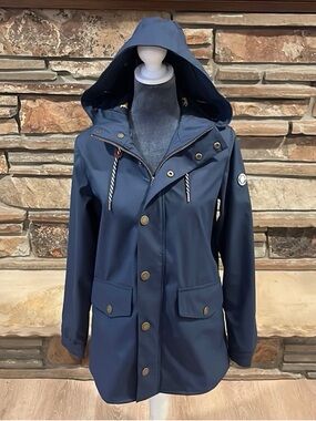 Kiel James Patrick Navy Hooded Raincoat with Rope Drawcords